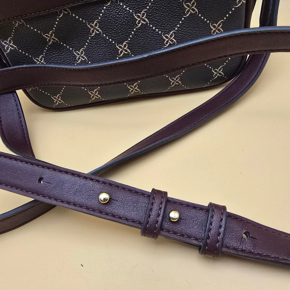 Nine West Monogram Crossbody Bag Burgundy Faux Leather Double Zip